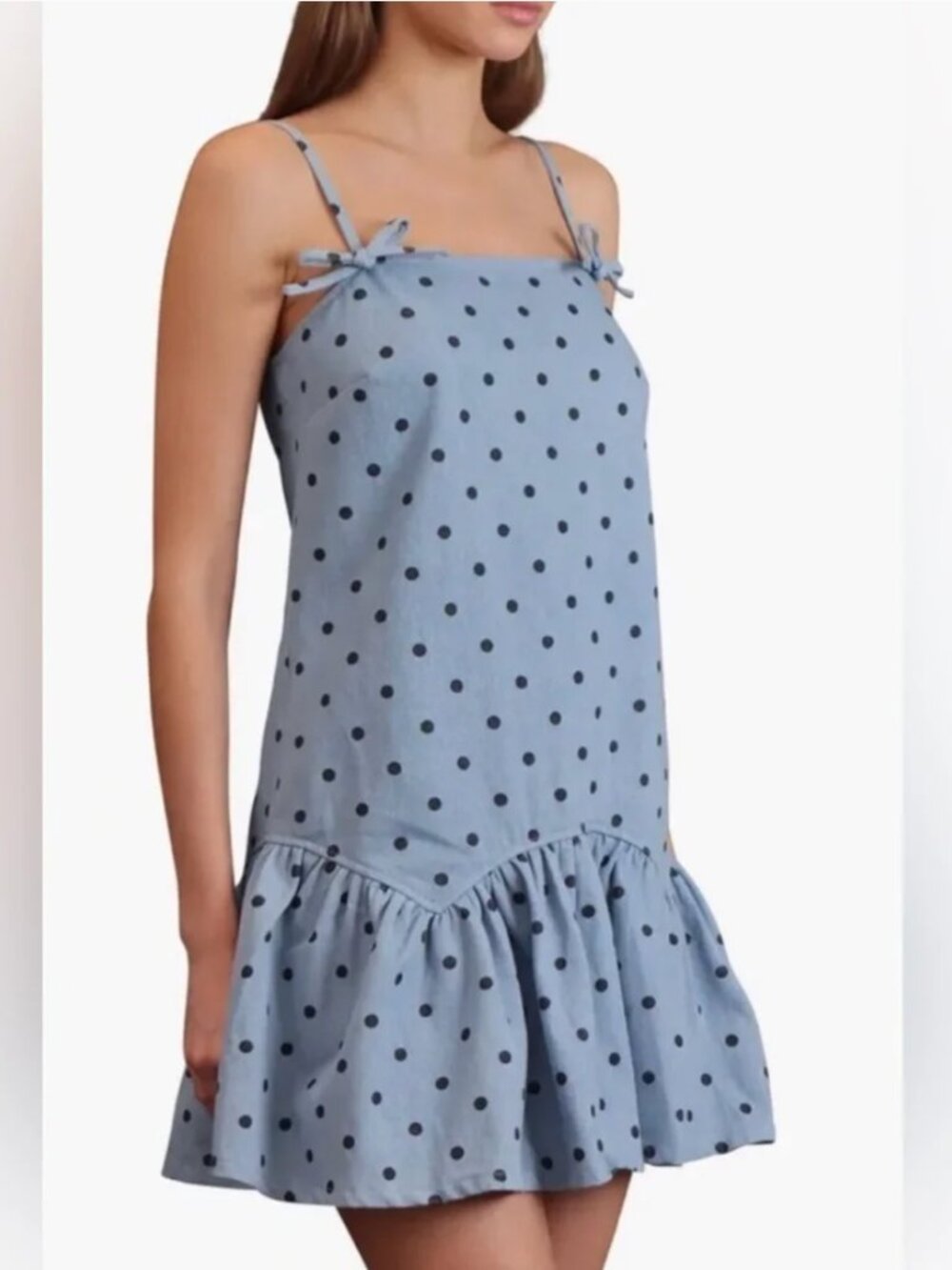 Avec Les Filles Drop Waist Denim Mini Dress in Polka Dot NEW With Tags Sz Small